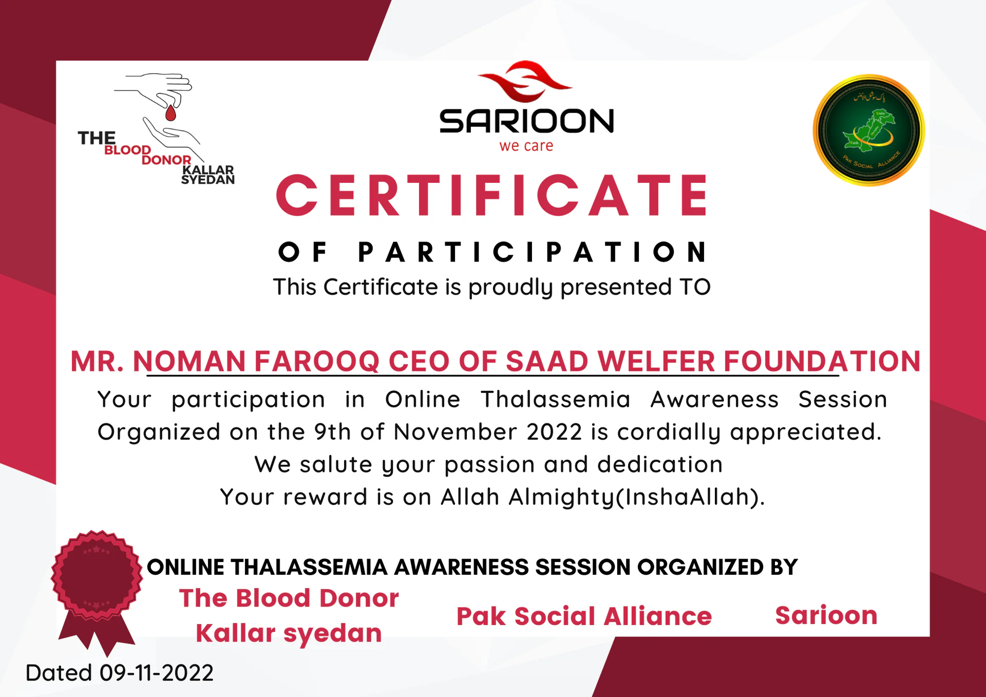 Online Thalassemia Awareness Session — Participation Certificates (Nov 2022)